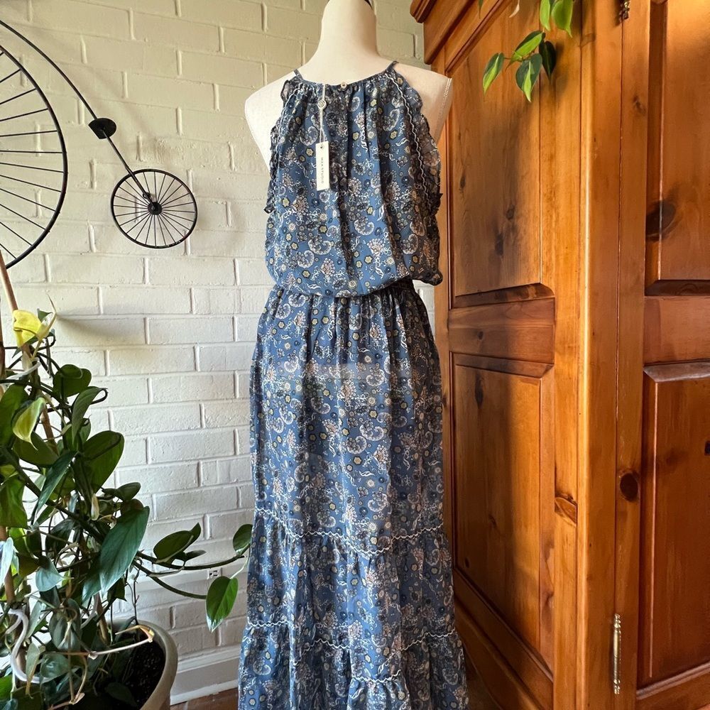 Max Studio maxi dress floral shirred waist ruffle flutter sleeves size L summer - Picture 5 of 12